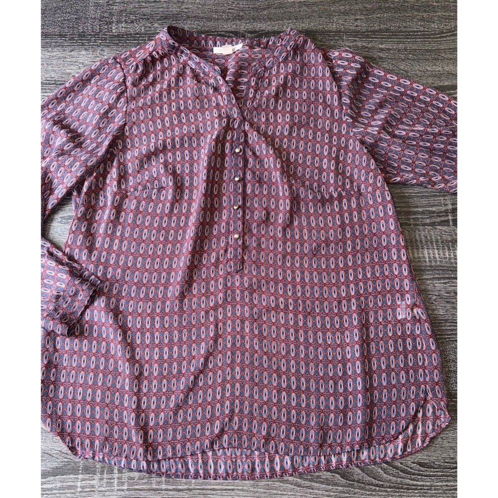 Roz & Ali Red Navy Geometric Print Henley Tunic Blouse Plus 1X 3/4 Sleeve Boho